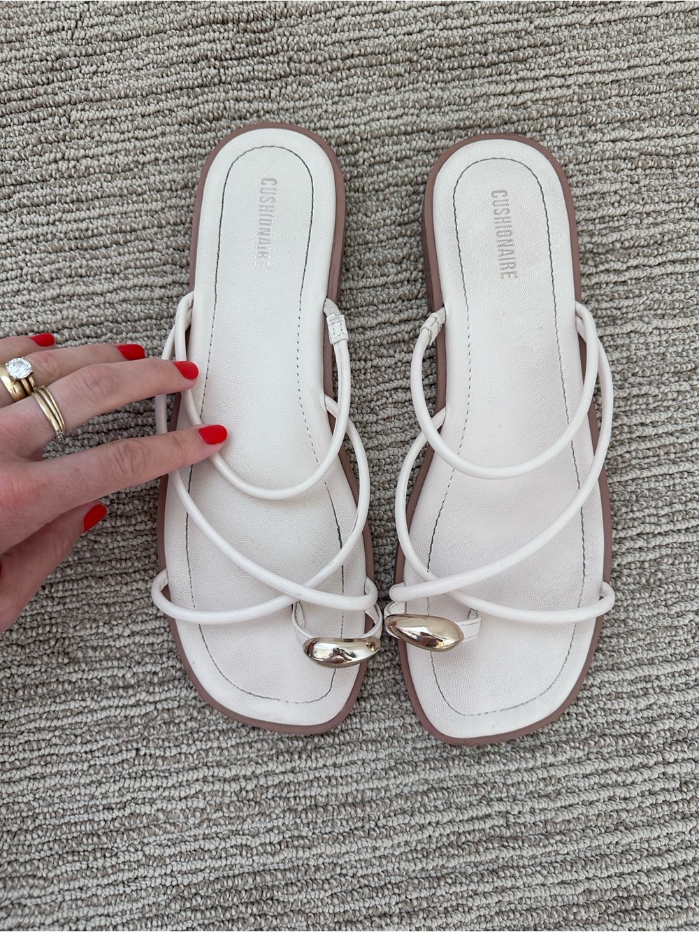 White Strappy Sandals with Gold Toe Jewel